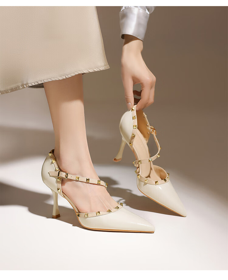 ZHR Rivet High Heels for Women, Elegant Pointed Toe, Socialite Style, Thin Heel Pumps, Sexy Closed-Toe Sandals for Women, IE02, Nude Pink, Size 34 18