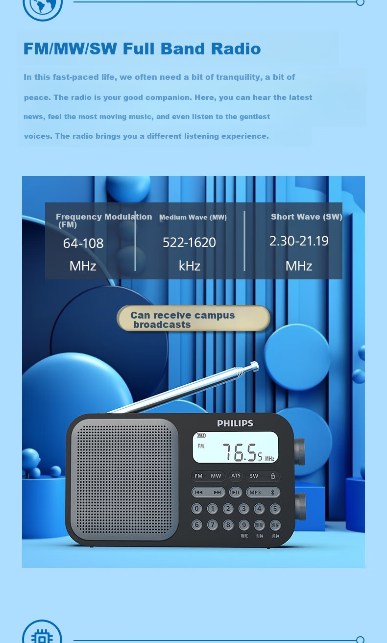PHILIPS TAR6109 All-Band Radio Shortwave Radio Bluetooth Card Slot Portable Multifunctional Semiconductor Speaker for Elderly Students English Listening Exam 3