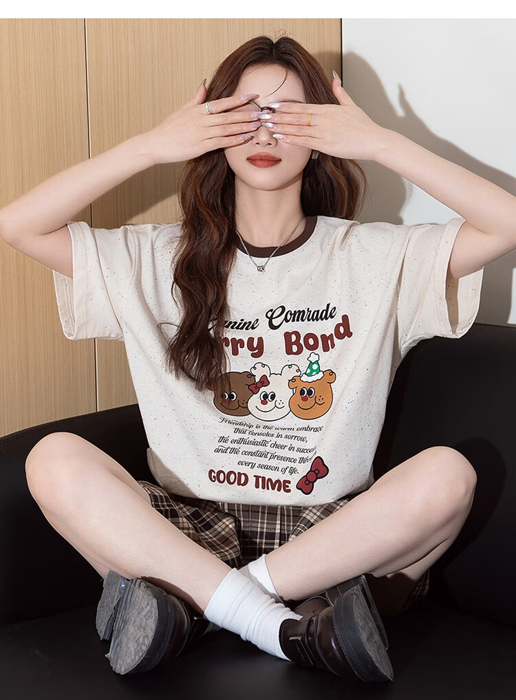 TANGSHI 2025 Summer Women's Polka Dot Floral Cartoon Print Short Sleeve T-Shirt 8