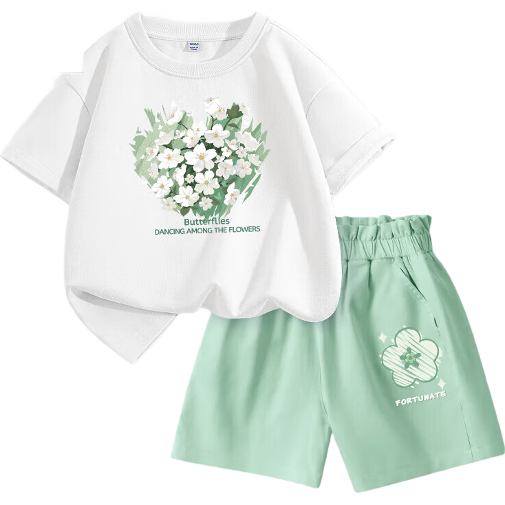 Jeanswest Girls Summer Outfit 2026 Children's Short Sleeve T-Shirt and Shorts Two-Piece Set Trendy Girls Sportswear