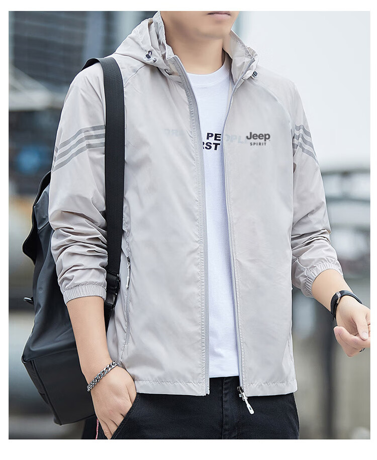 JEEP SPIRIT Men's Summer Ice Silk Lightweight Jacket High-End Outdoor Coat Light Gray XL 13