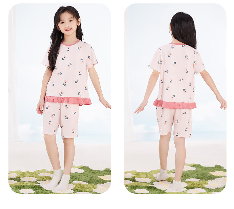 Hodohome Children's Loungewear, Girls' Modal Cool-Feel Short-Sleeve Shorts Pajamas, Fresh Girls' Set, 300 Pink, Size 165 3