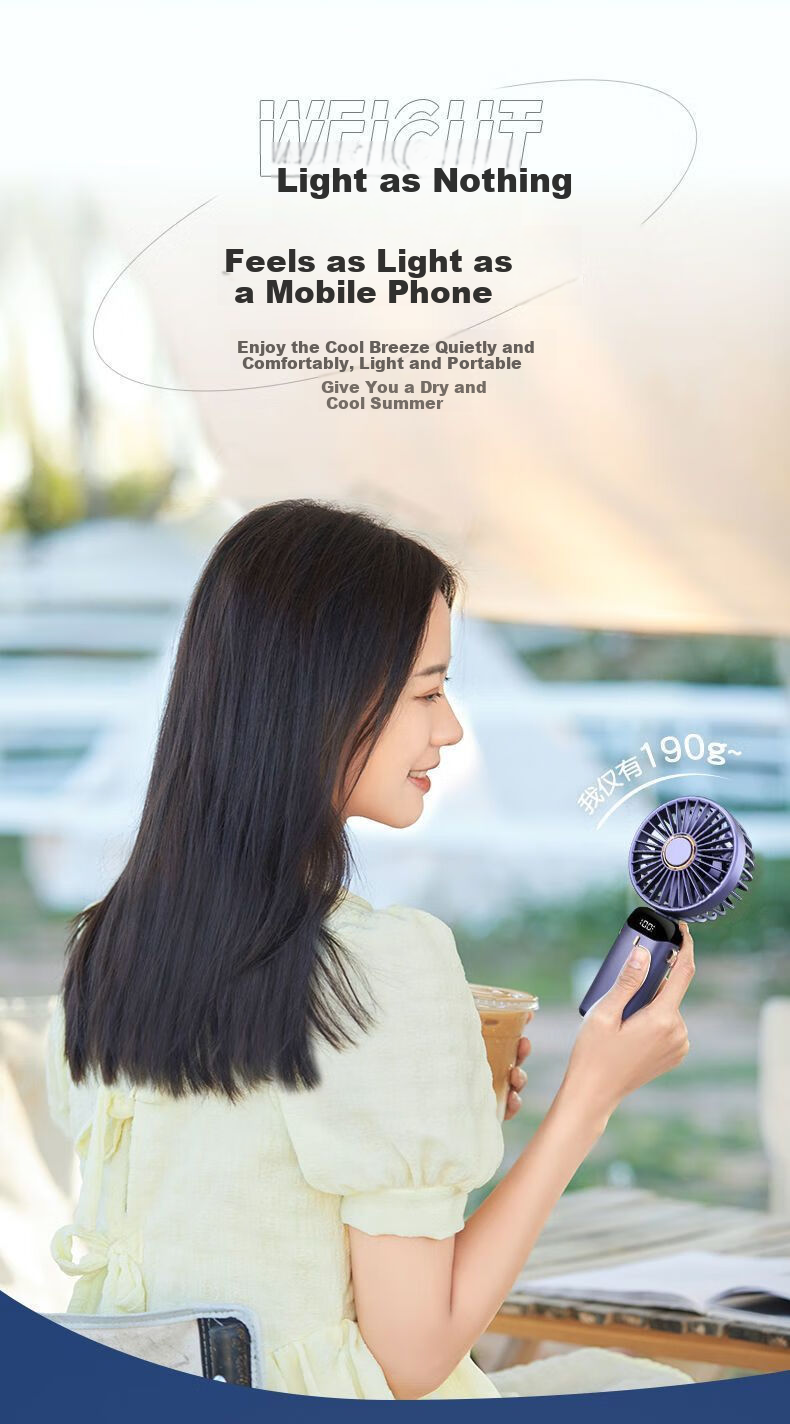 HBOALG Handheld Mini Fan with Foldable Stand, USB Fan with Digital Display, Long Standby Time, Portable Electric Fan for Student Dormitory And Office, Rechargeable, White 15