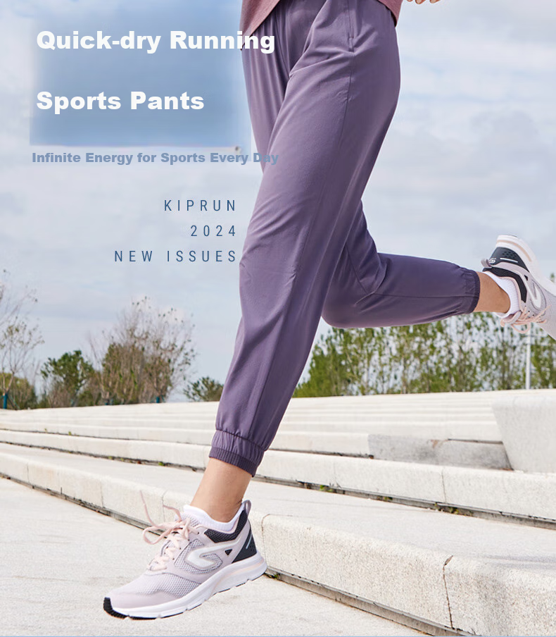DECATHLON Women's Joggers, Loose-Fit Nine-Point Running Pants, Outdoor Quick-Dry Breathable Trousers, Long Stone Black, 4514117 2