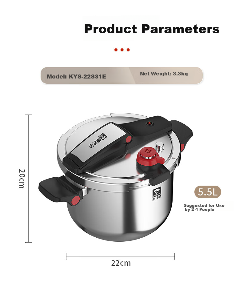 KBH Explosion-Proof Pressure Cooker, 304 Stainless Steel, Thickened, Safe for Home Use, Compatible with Gas And Induction Stoves, 22cm, 5.5L 13