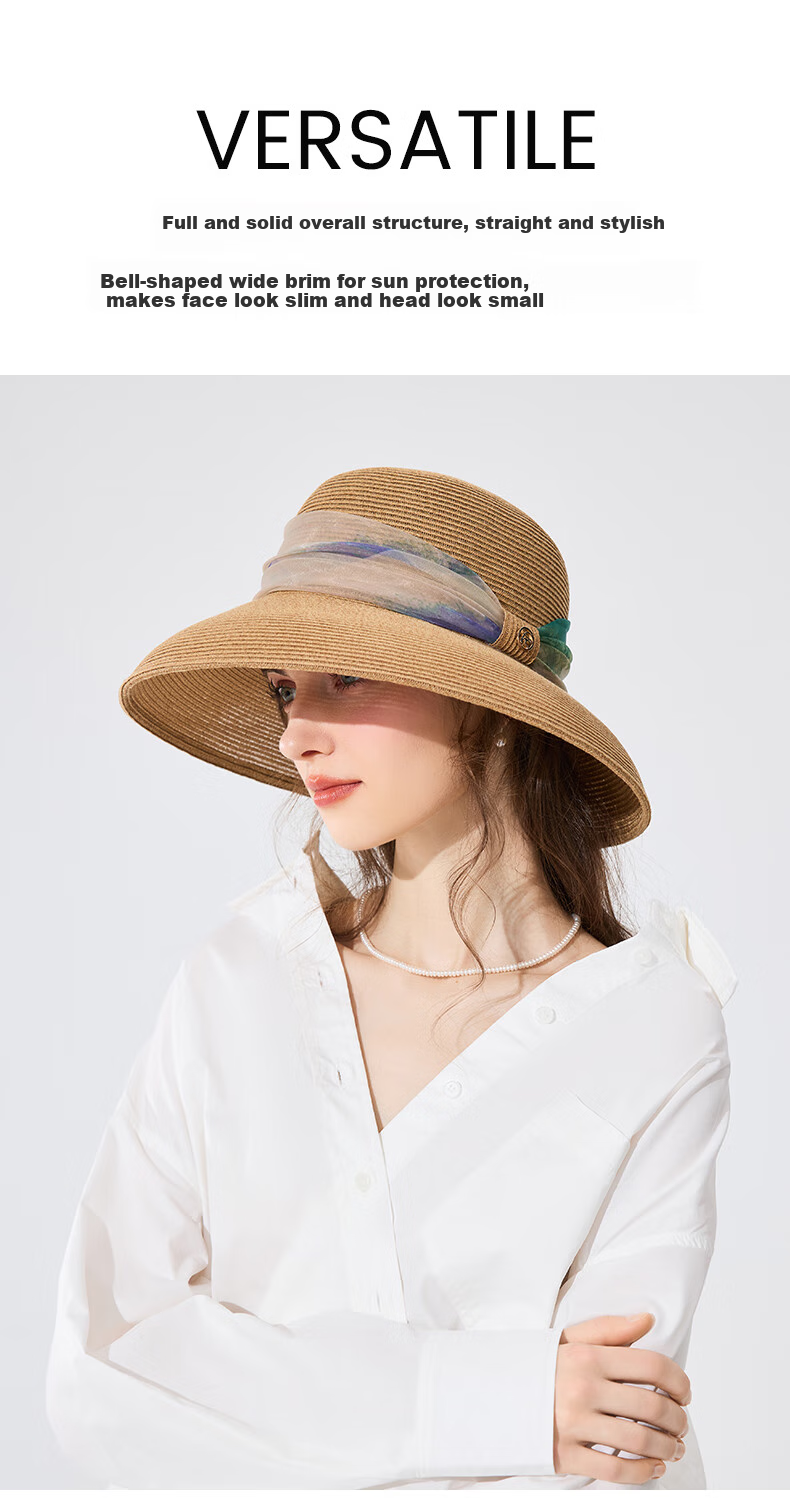 FANCET Straw Hat for Women, Elegant Summer Oregano Tulle Hat with Wide Brim, Vacation UV Protection Sun Hat, Birthday Gift for Elders 4