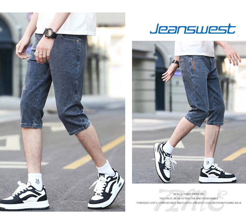 Jeanswest Men's 2026 Summer Lightweight Denim Shorts Fashion Casual Versatile Straight-Leg Cropped Pants Blue Gray 38 7