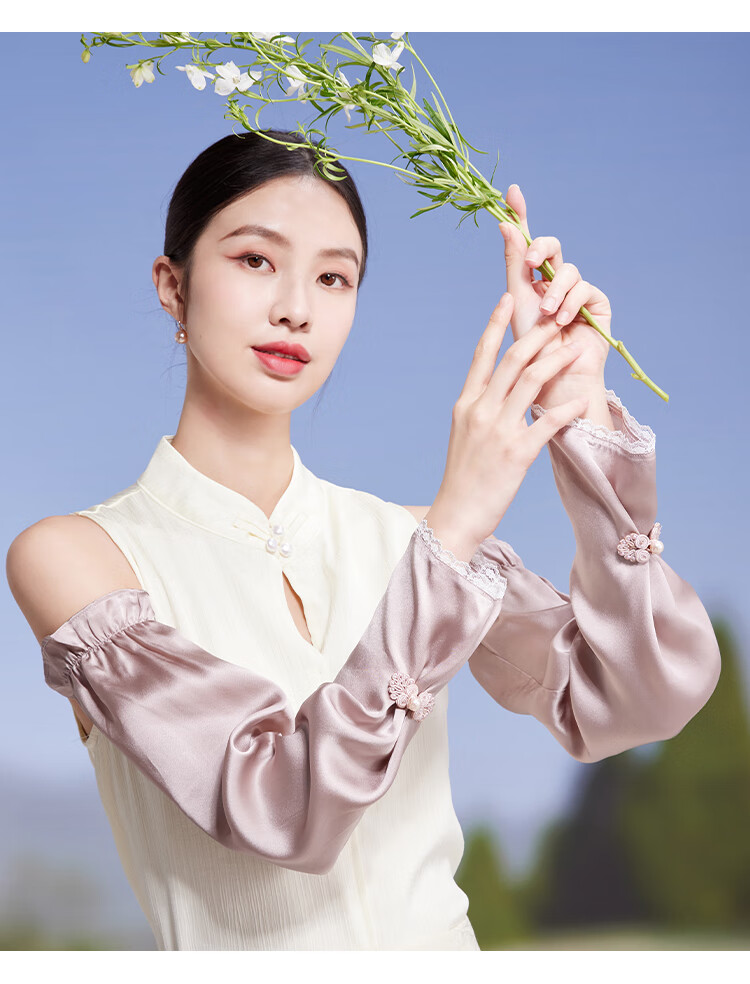 Shanghai Story Women's 100% Mulberry Silk Sun Protection Sleeves Spring Summer Chinese Style Lace Ice Sleeves UV Protection Champagne Gold 15