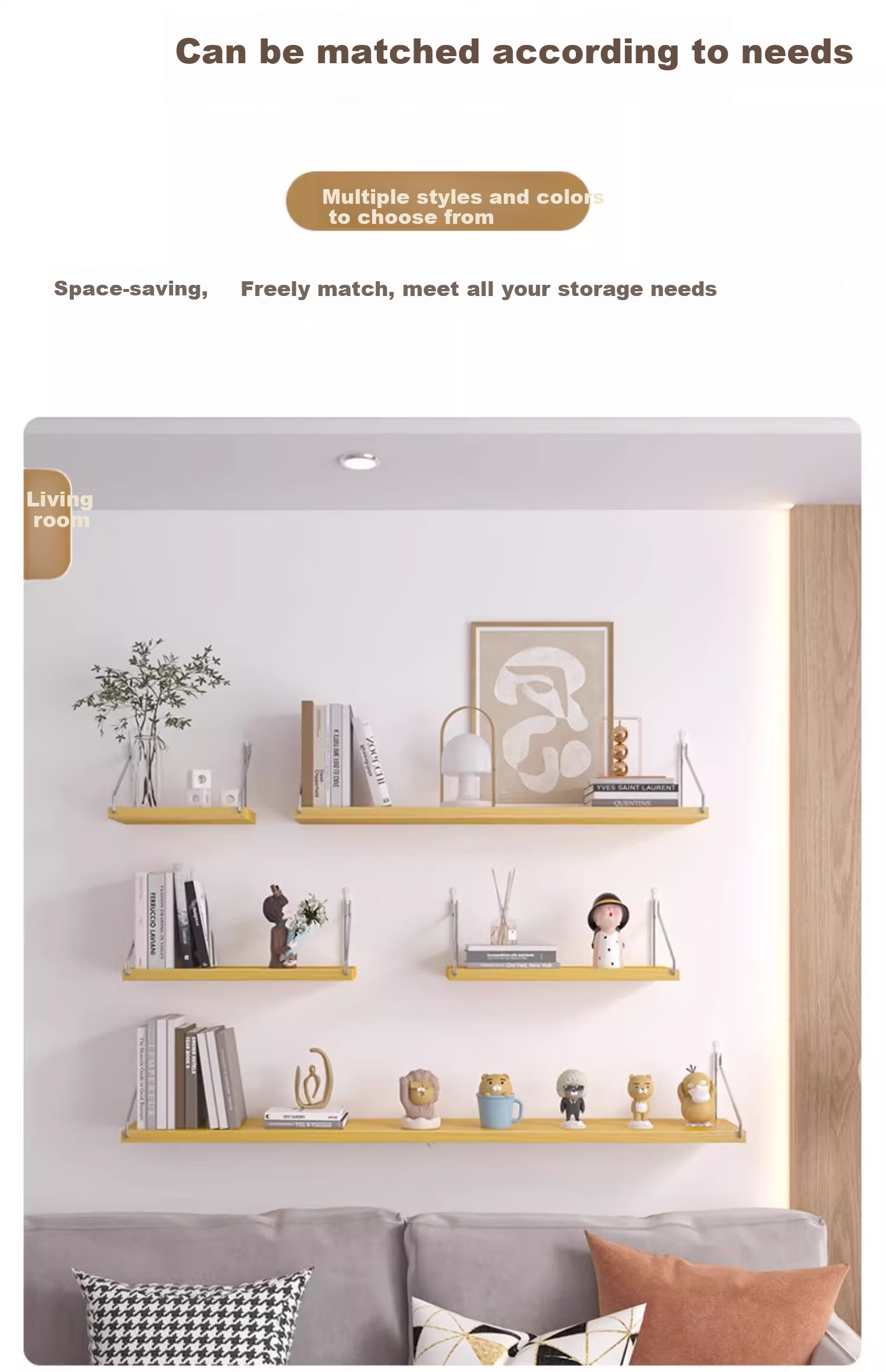 Anerya Wall-Mounted Storage Rack, No Drilling Required, Wall-Hanging Kitchen Shelf, Wooden Board Bookshelf, Storage Organizer, 60cm 6
