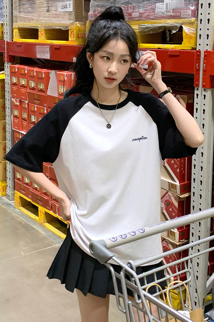 TonLion 2025 Summer Women's Round Neck Raglan Sleeve Front Chest Left Chest Letter Short-Sleeve T-Shirt 3