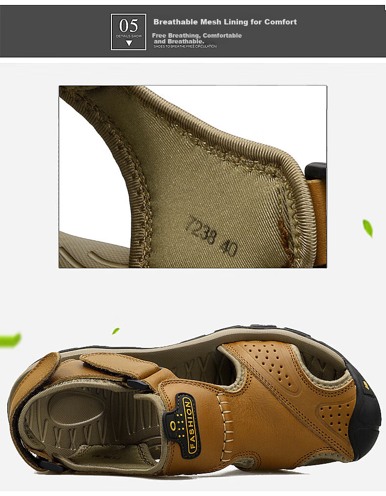 CARTELO Men's Sandals, Summer Roman-Style Closed-Toe Beach Shoes, Top-Grain Leather Perforated Shoes for Men, CS01, Khaki, Size 41 9