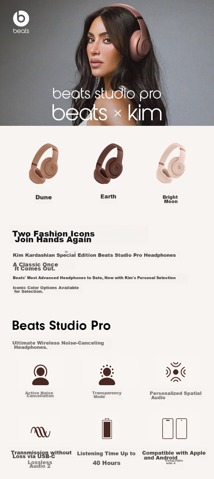 Beats Studio Pro Wireless Bluetooth Noise-Cancelling Headphones [Gift] Compatible with Apple And Android Devices, Dune 1