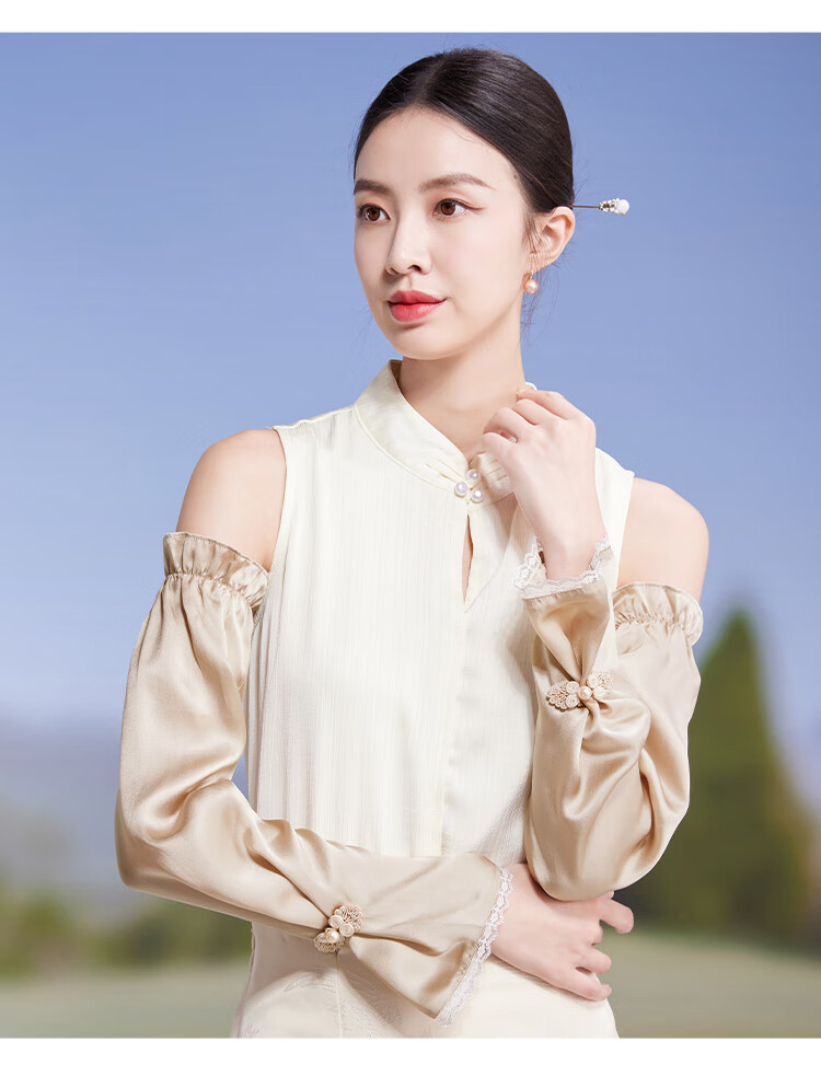 Shanghai Story Women's 100% Mulberry Silk Sun Protection Sleeves Spring Summer Chinese Style Lace Ice Sleeves UV Protection Champagne Gold 7