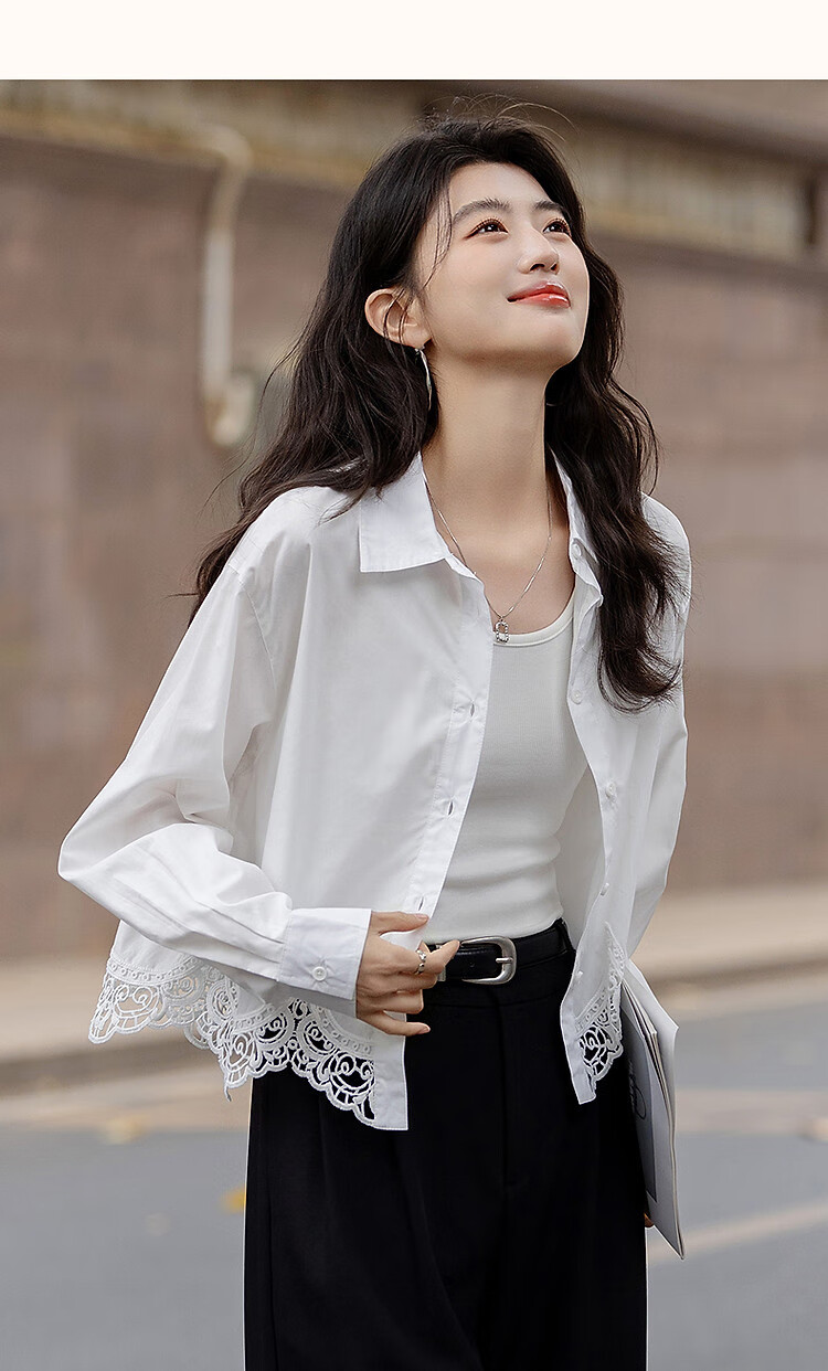 Dme [Moonlight Night Song] Spring And Autumn Gentle Pure Cotton Shirt with Lapel, Lace Trim, Patchwork Short Blouse Women's Top 9