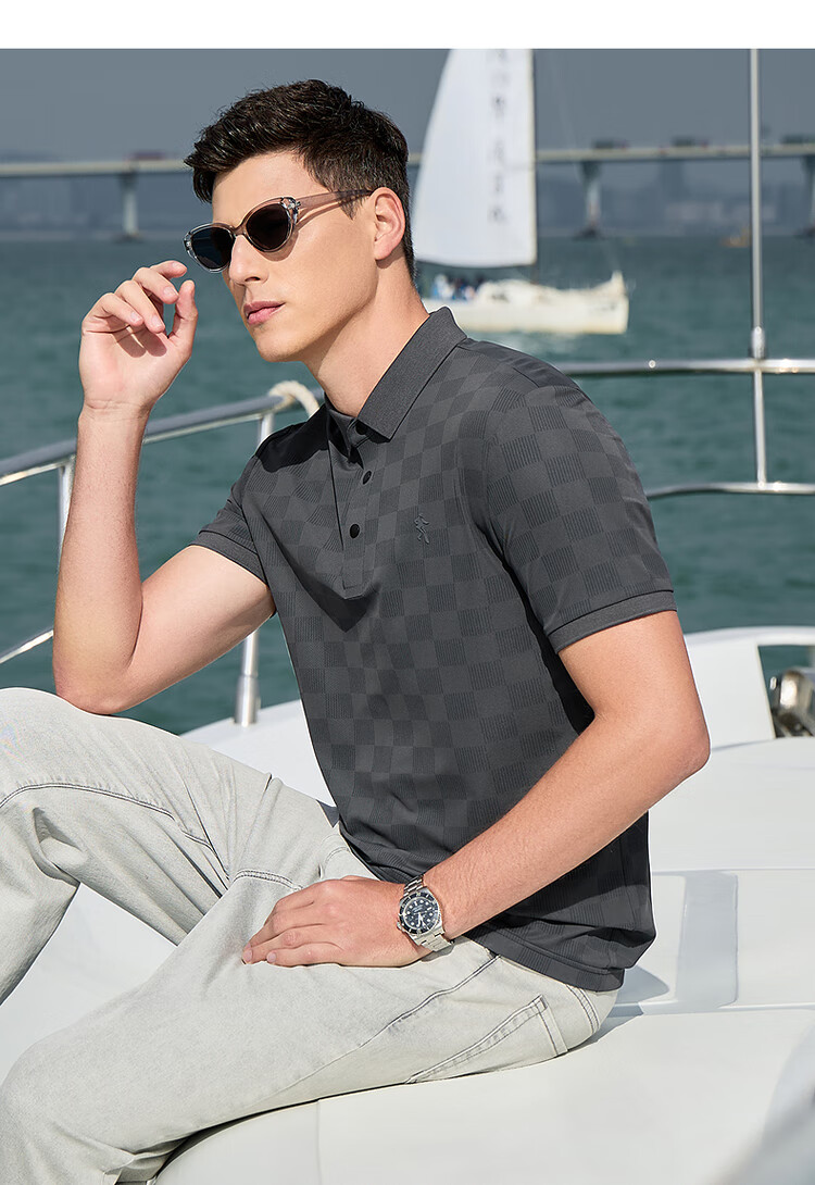 DANCING WOLVES [Elastic Breathable] Summer Quick-Dry Checkered Short-Sleeve Men's Polo Shirt, 705 Apricot Color, Size L (175) 10