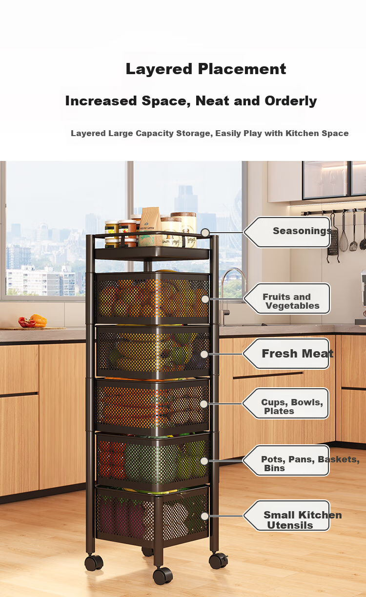 QIAONAMEI Kitchen Storage Rack, Floor-Standing Vegetable Stand, Rotatable Shelf, Multifunctional Storage Rack, 1118-6 3
