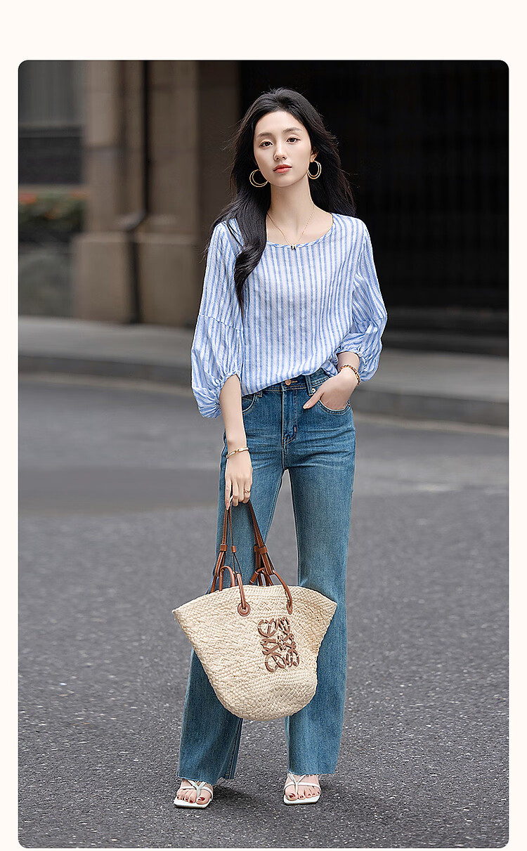 Dme [Pure Cotton Story] Spring Simple Style Hollow Striped Shirt, Artistic Comfortable Concealing Blouse, Women's Top 2