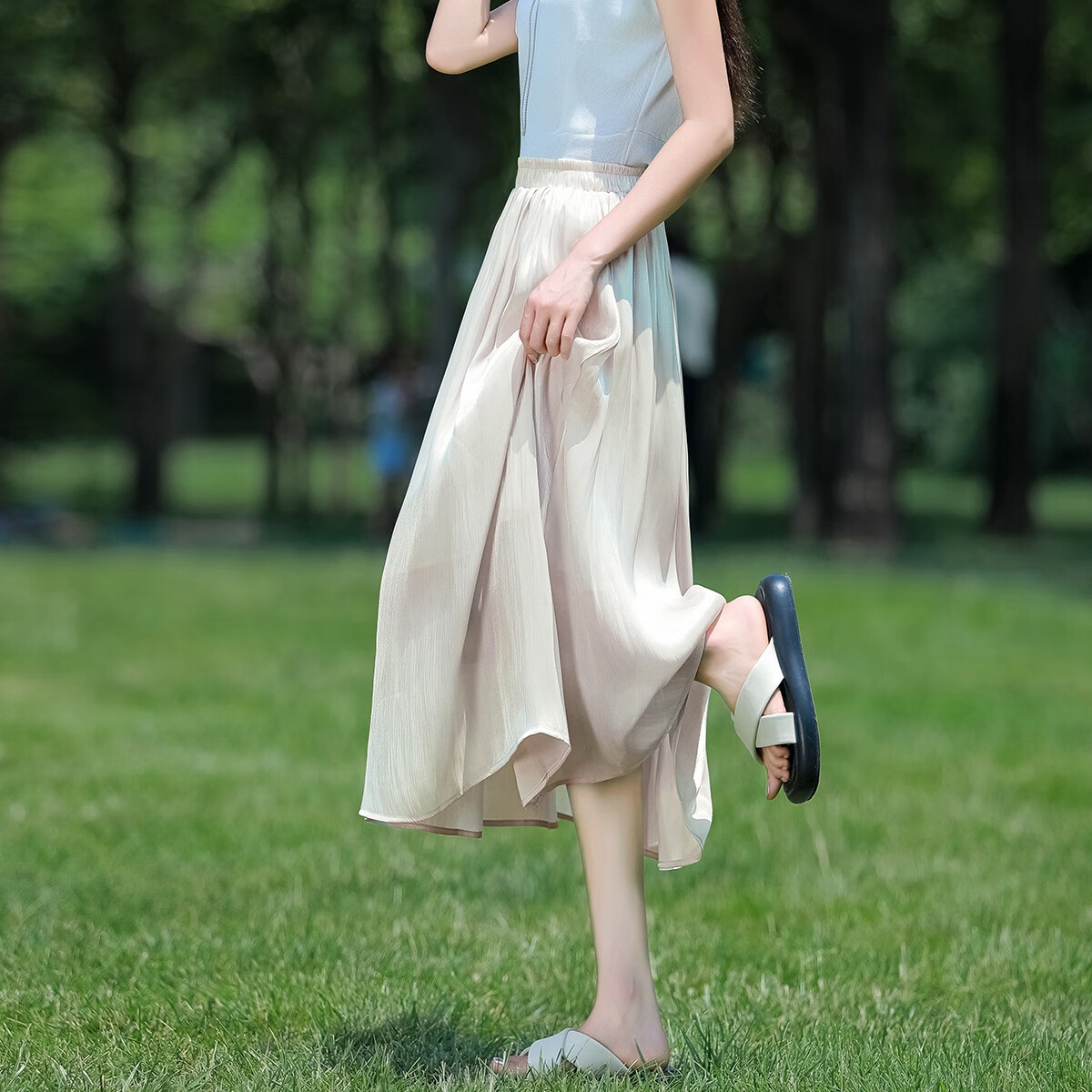 Dme [Pearl Mermaid] Summer French Fairy Smooth And Delicate Elastic Waist Midi Skirt for Wome