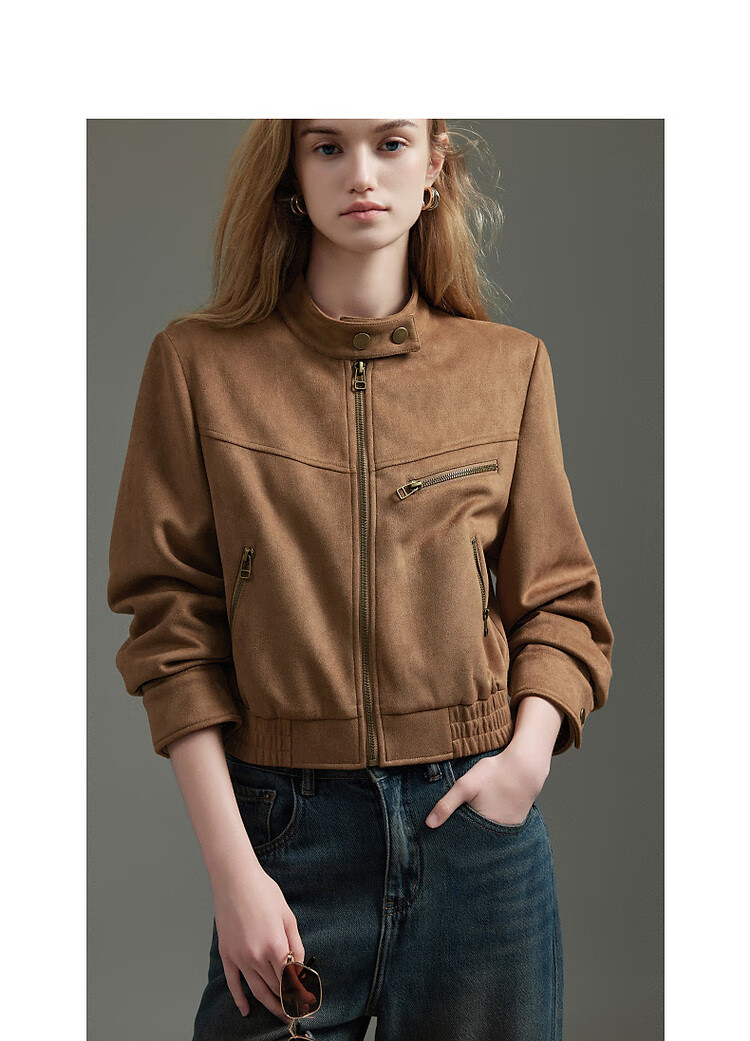 Dme [Wake Up Wild] Autumn Motorcycle Style Stand Collar Faux Suede with Split Line Elastic Hem Jacket for Women, Short Style 12