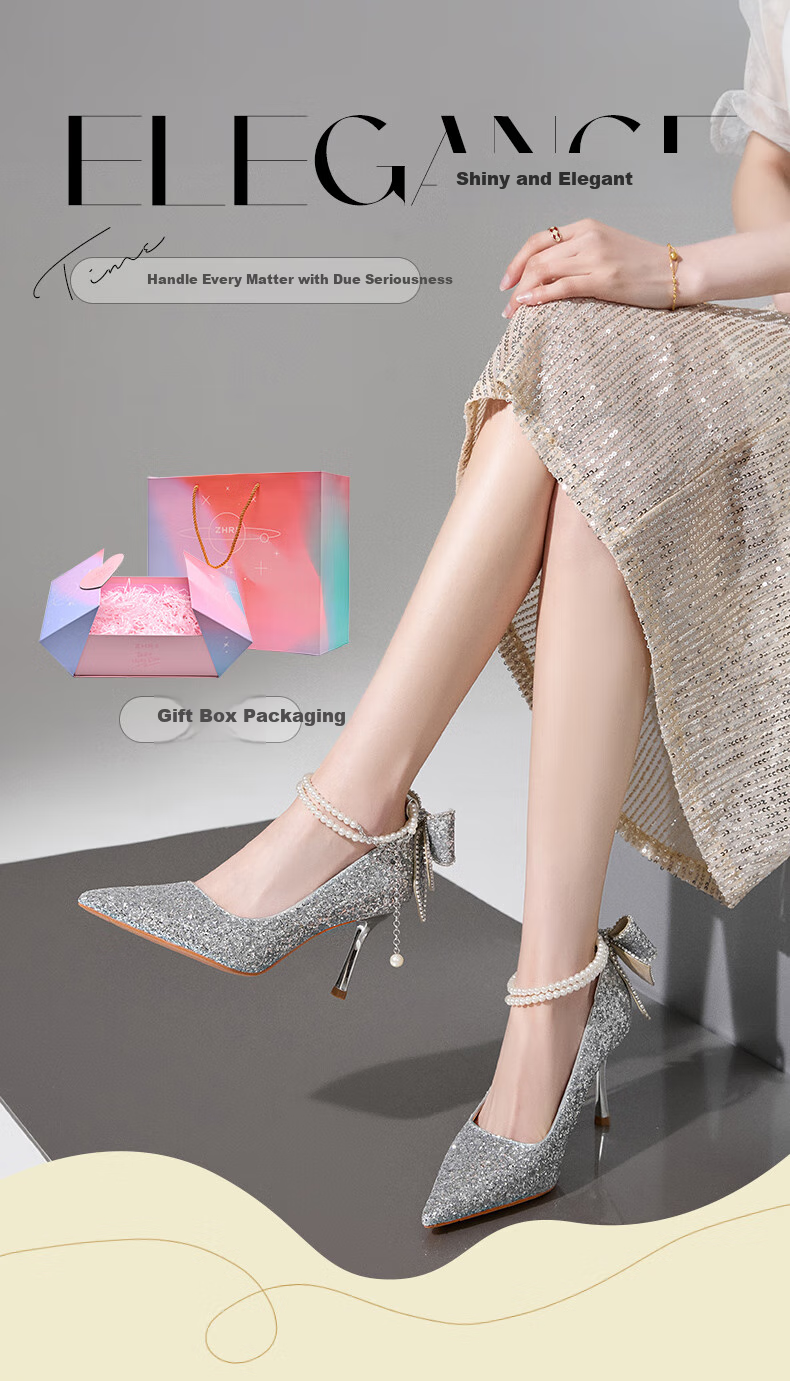 ZHR High Heels for Women, Fairy Crystal Wedding Shoes, Pearl Pointed Toe Shoes, Thin Heel Shallow Mouth Pumps, Suitable for Dresses, IE01 Silver Color, Size 39 1