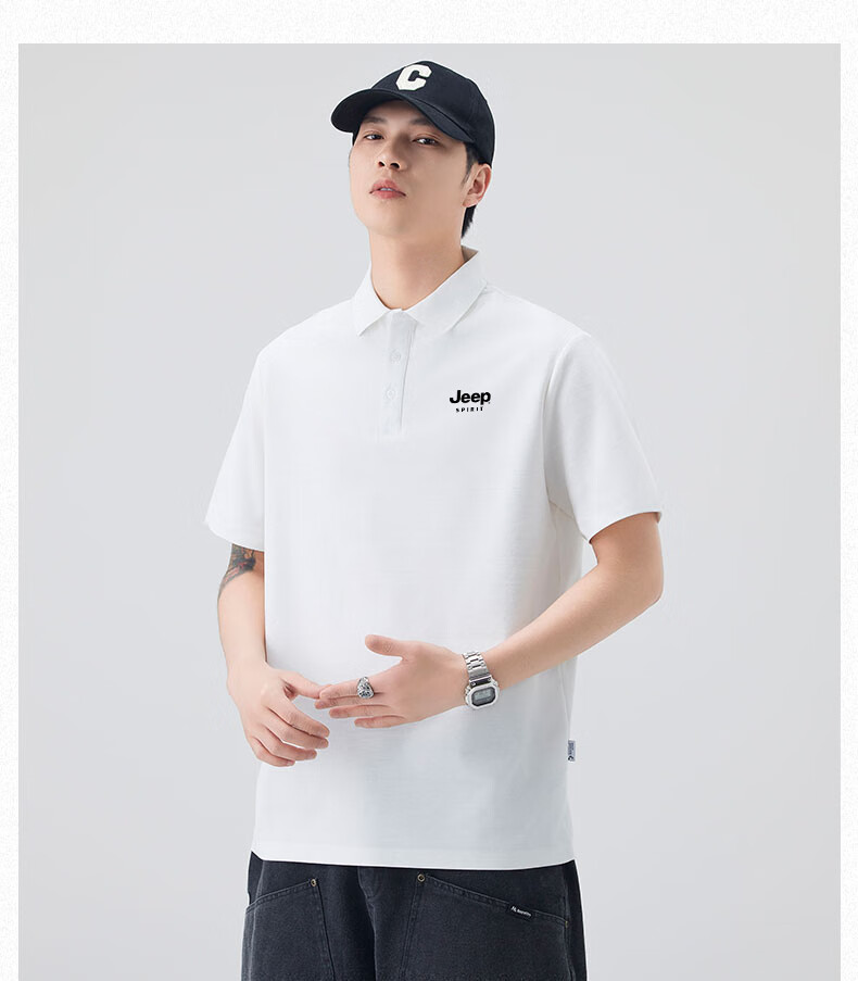 JEEP Men's Summer Lightweight Heavy Cotton Feel Breathable Polo Shirt Business Cool Collar Top Beige M 8