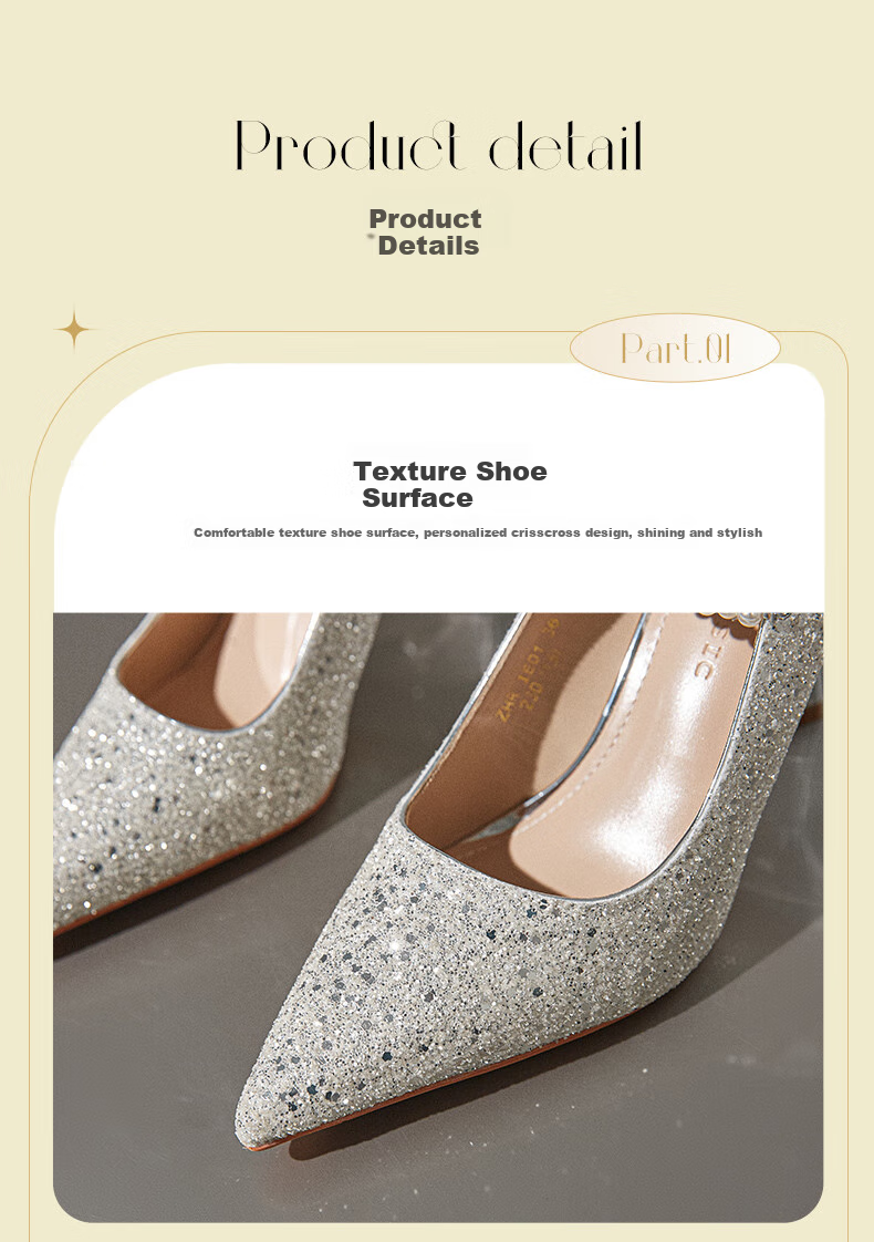 ZHR High Heels for Women, Fairy Crystal Wedding Shoes, Pearl Pointed Toe Shoes, Thin Heel Shallow Mouth Pumps, Suitable for Dresses, IE01 Silver Color, Size 39 7