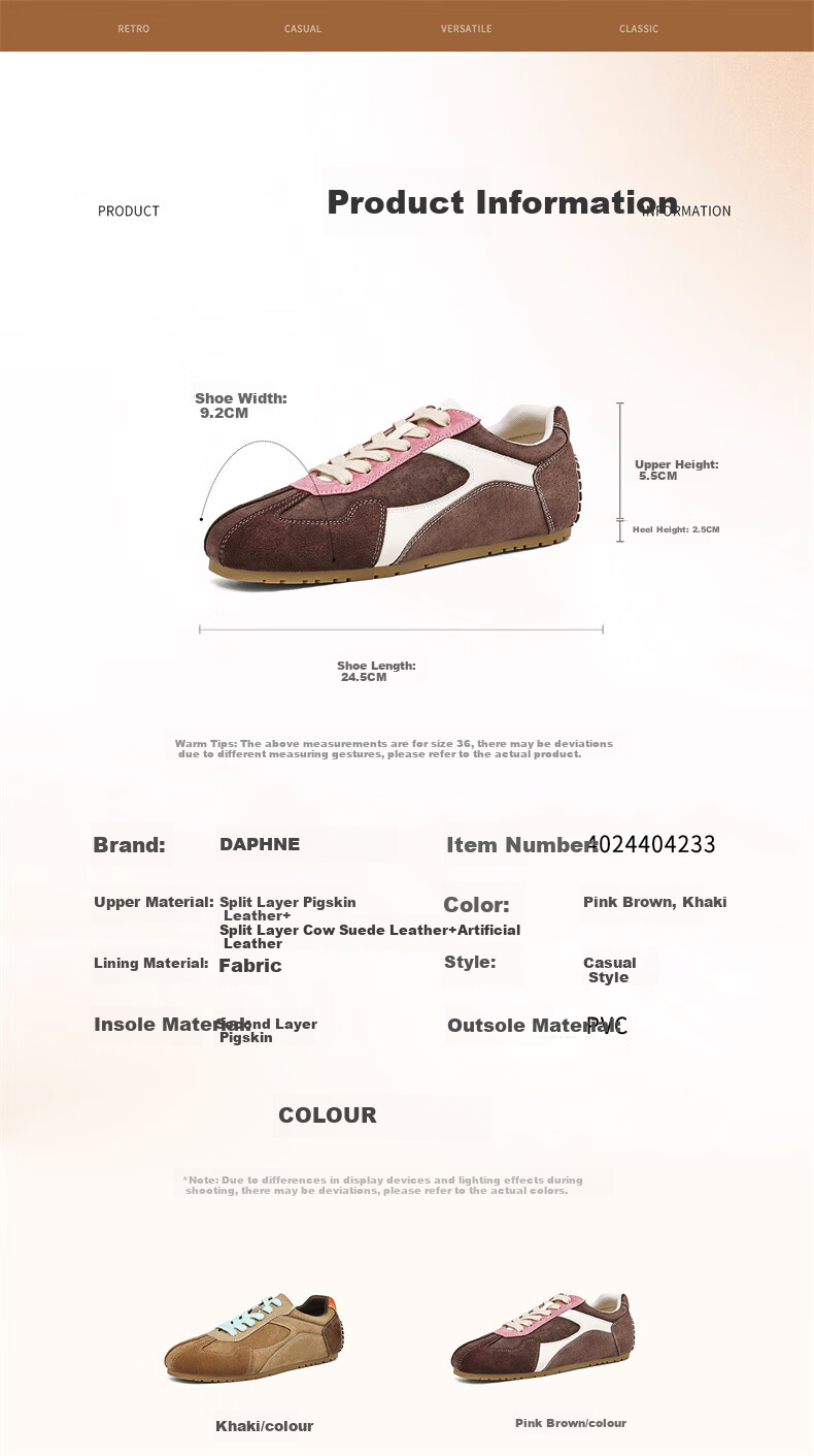 DAPHNE Casual Shoes for Women, Retro Versatile Dexun Shoes, Color-Block Flat Comfortable Women's Shoes 4024404233 Khaki 39 2