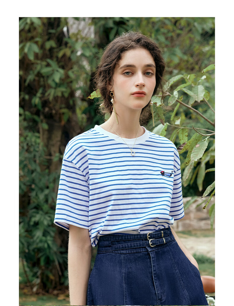 Olrain Blue and White Striped Short Sleeve T-Shirt Summer New Fashion Youthful Top Blue and White Stripes XL 15