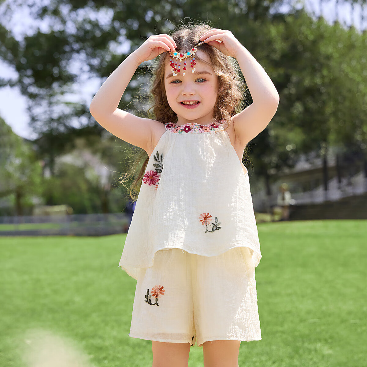 ASK JUNIOR [Children's Set] Summer Toddler Halter Top, Casual Shorts, Two-Piece Girls' Chiffon Embroidered Outfit