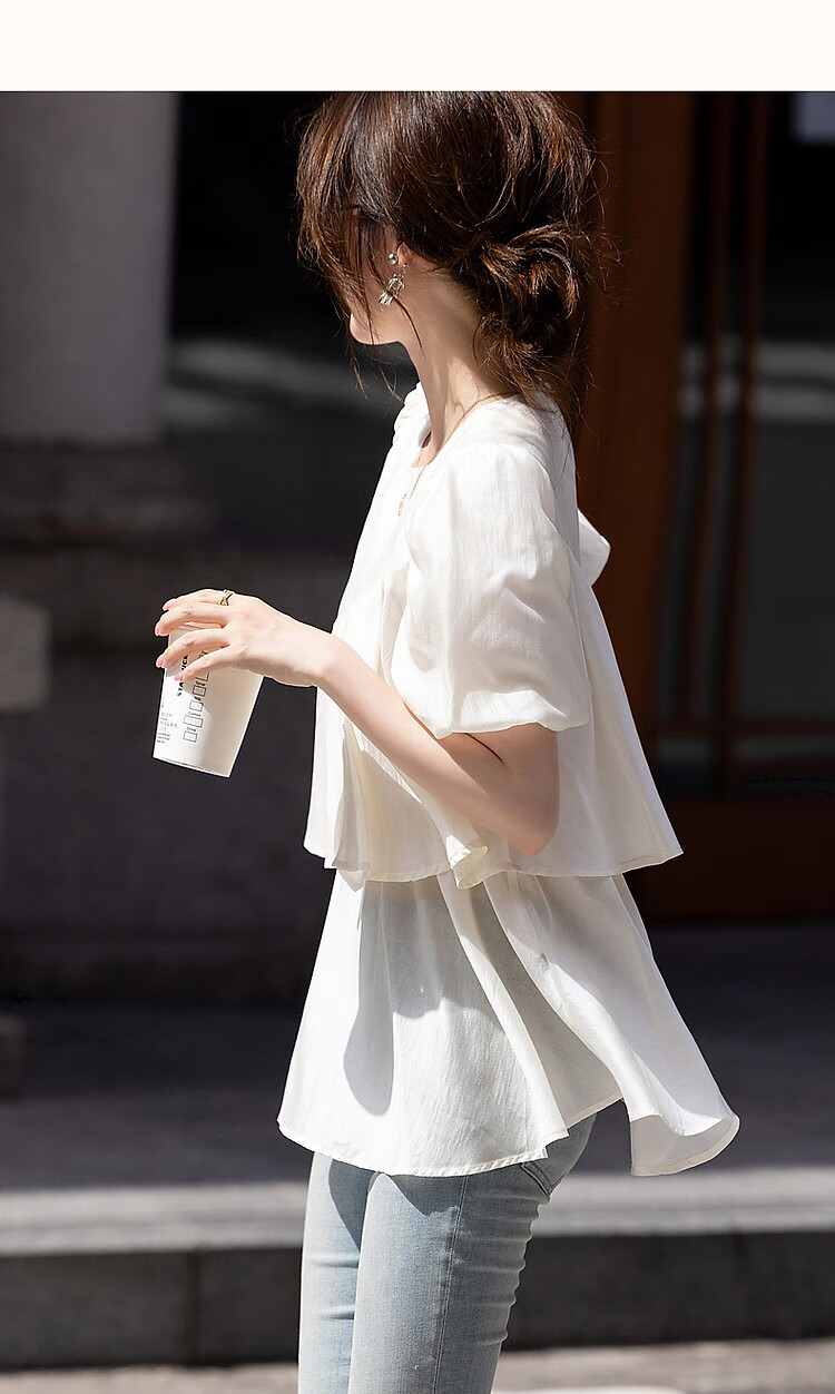 Dme [Luorimian] Summer Breathable Lyocell Tencel Shirt with Asymmetric Ruffle Collar And Puff Sleeves Top 11