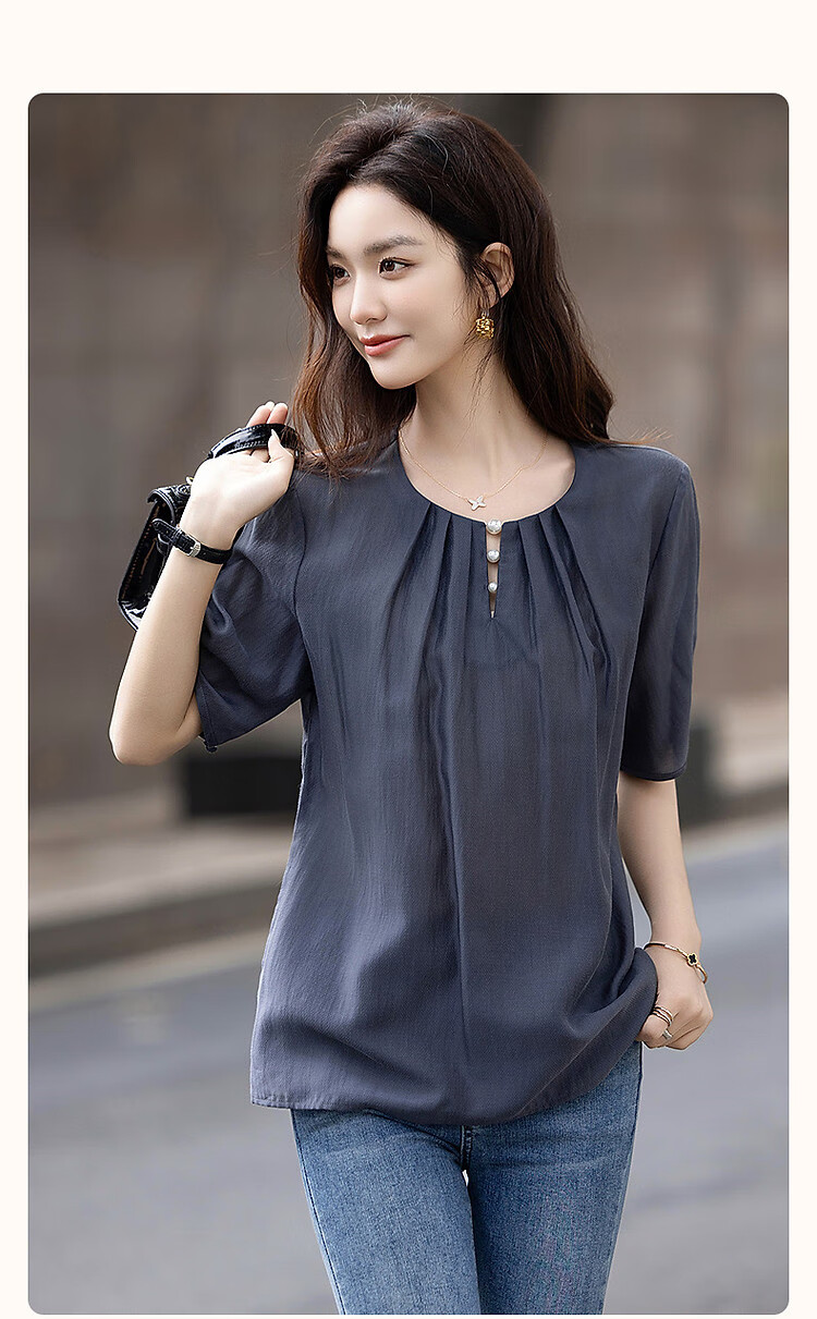 Dme [Selected Lyocell], Summer Pearl Decorated Round Neck Drip Button Shirt, Flowing Short-Sleeve Blouse, Women's Top 2