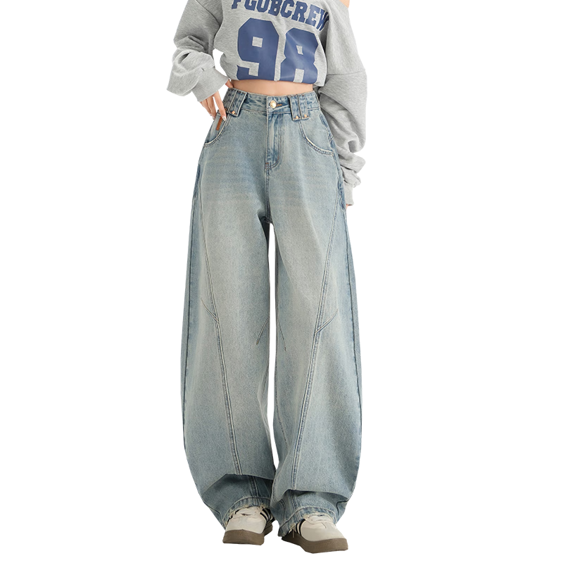 XUEXIMAN Light Blue Vintage Washed Curved Blade Wide Leg Banana Jeans for Women Autumn New Design Sense Loose-Fit Banana Pants
