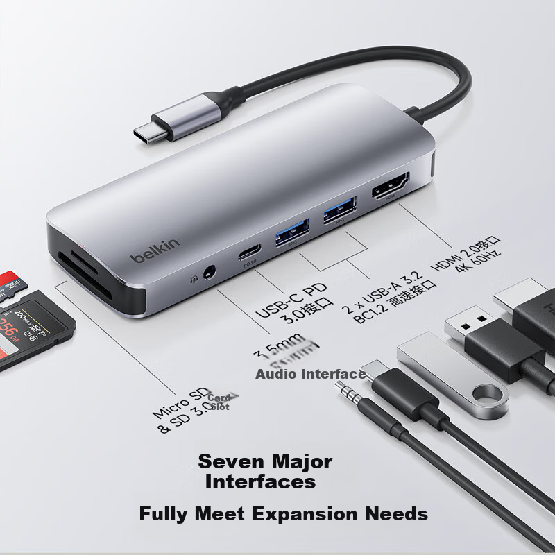 BELKIN Type-C Expansion Dock, 7-в-1 адаптер для iPad, конвертер для Apple Computer, PD 100W, зеркалирование экрана HDMI, кард-ридер USB/SD AVC009-V2
