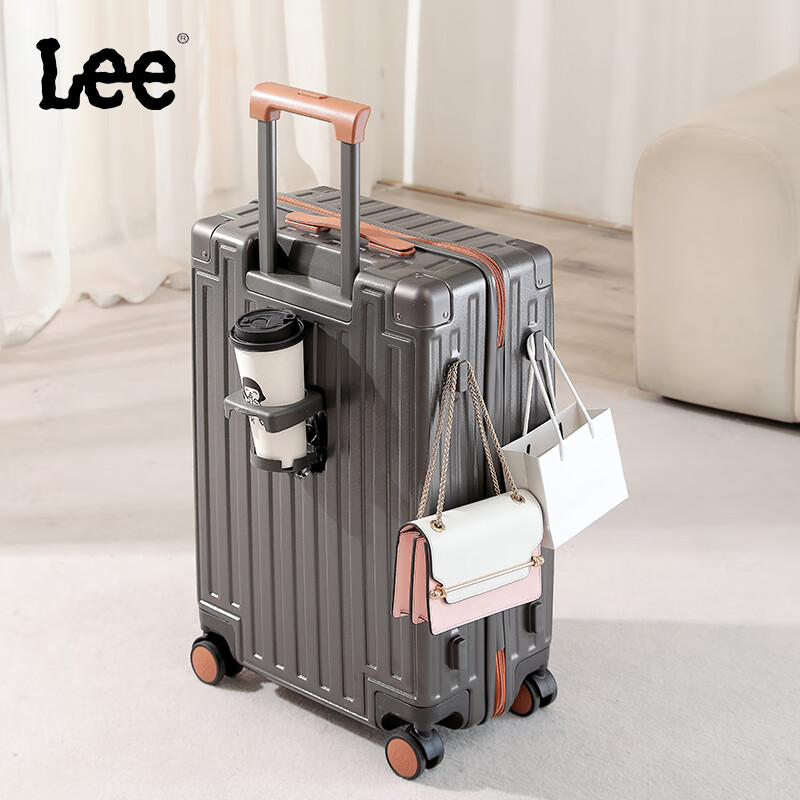 Lee High-Quality Suitcase with Cup Holder, Multifunctional Luggage, Travel Case, Student Password Lock Suitcase, Gray with Brown, 26 Inches