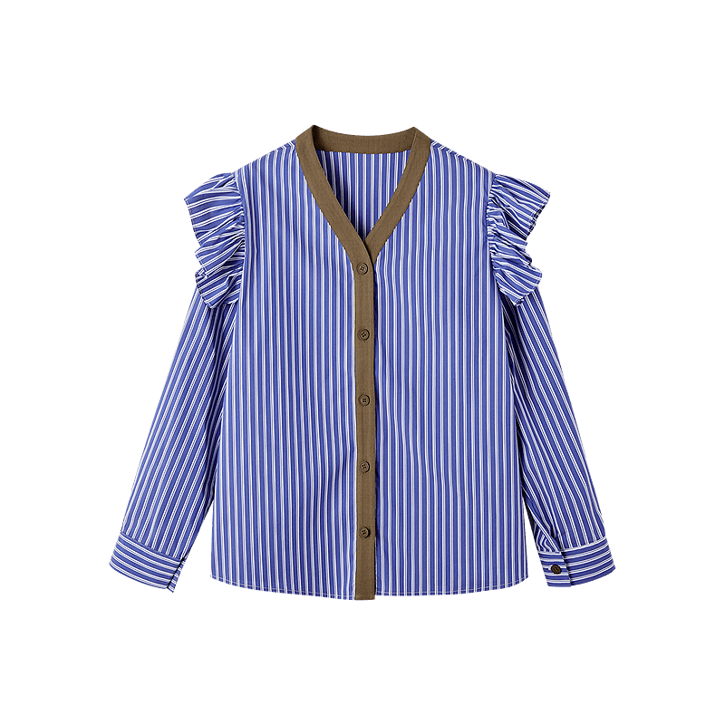 Dme [Straight to the Sky], Autumn Design V-Neck Striped Cotton Shirt, Patchwork Flutter Sleeves, Loose Blouse, Women's Top