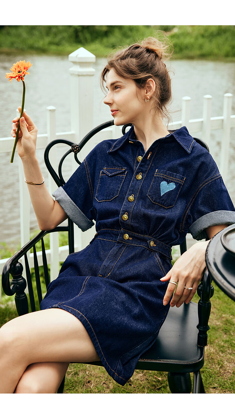 Olrain Short-Sleeve Denim Dress, Summer Women's Wear, Waist-Cinching Slimming Thin Commuter Dress, Light Blue, L 12
