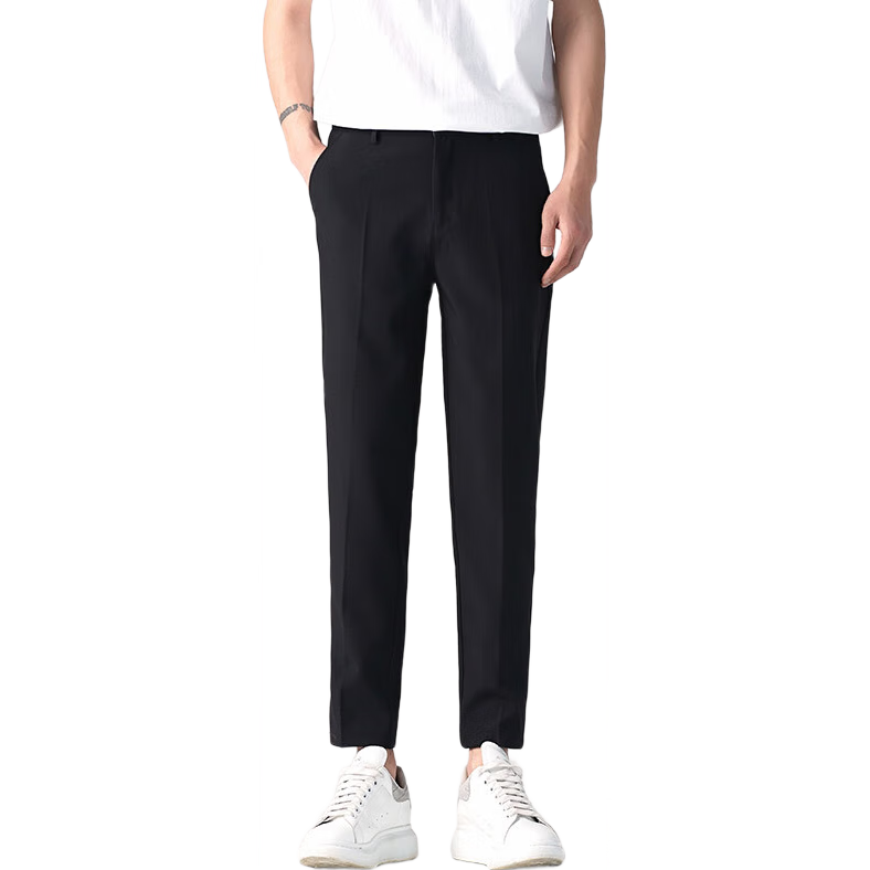 Dingfengbaoluo Men's Suit Pants, Summer Business Formal Wear, Straight-Leg Casual Versatile Slim-Fit Wrinkle-Resistant Nine-Tenths Pants, AM503 Black, Size 32