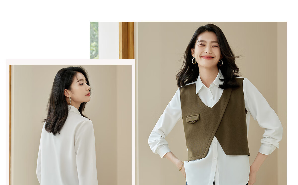Chushen Women's Long-Sleeve Shirt with Contrasting Color Splicing Design, Fashionable Two-Piece Look for Work Commute S143C2026 11