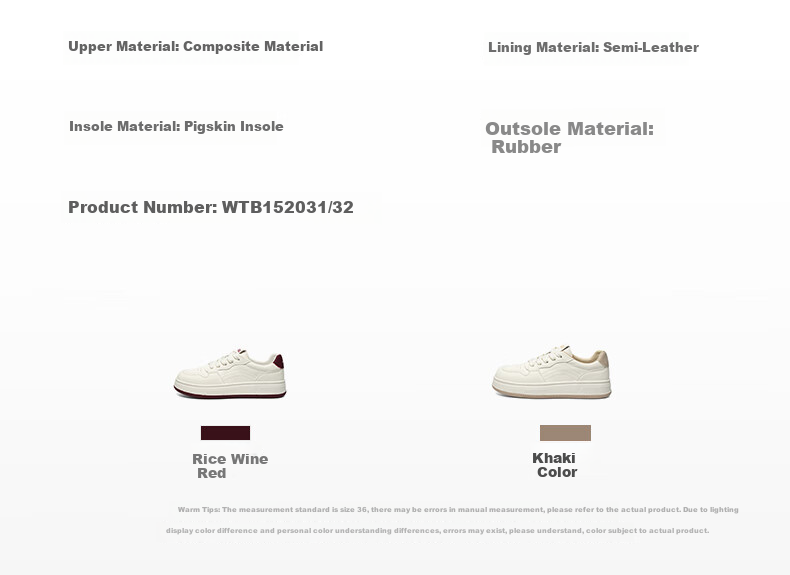 RED DRAGONFLY Casual Sneakers, Spring Women's Shoes, Student Thick-Soled Versatile White Shoes WTB15203, Beige/khaki Color, Size 37 3