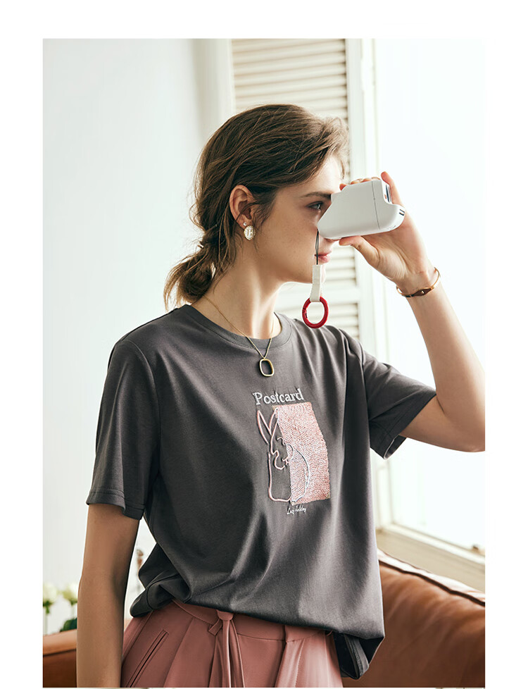 Olrain Women's Short Sleeve T-Shirt Summer New Loose Embroidered Crew Neck Top Dark Gray (New Batch) S 16