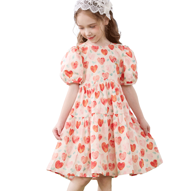 Disney Girls' Dress, Children's Summer Clothing, Big Kids' Pure Cotton Princess Dress, Stylish Floral Print Dress, 2DQ037 Pink, Size 150