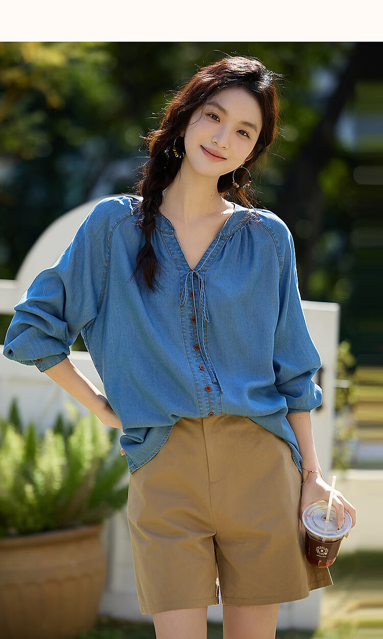 Dme [100 Lyocell] Autumn Lightweight Breathable Tie-Up Decorative Button Shirt, Loose Denim Blouse, Women's Top 12