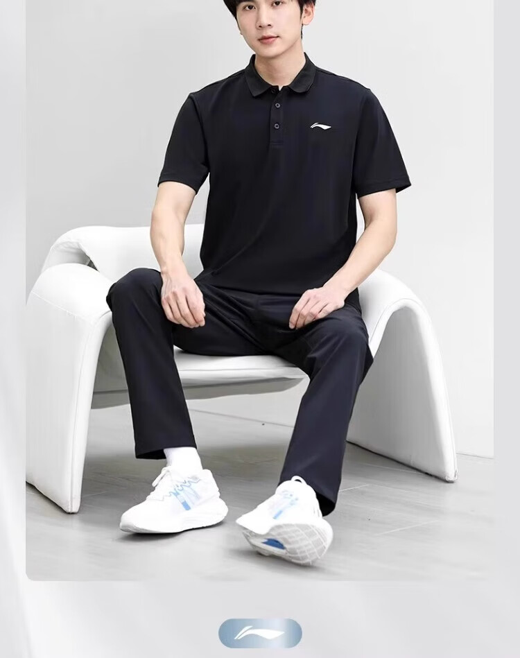LI-NING Men's Sports Polo Set Quick-Dry Short Sleeve and Long Pants Two-Piece New Ice Silk Loose Casual Top and Pants 3