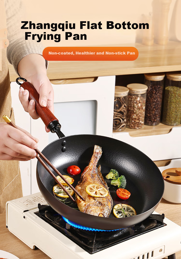 Jincun Zhangqiu Flat Bottom Frying Pan, Non-Coated Iron Pan for Home Use, Grilling Pan, Steak And Egg Pan, Pure Iron, Suitable for Gas Stove, 28cm 1