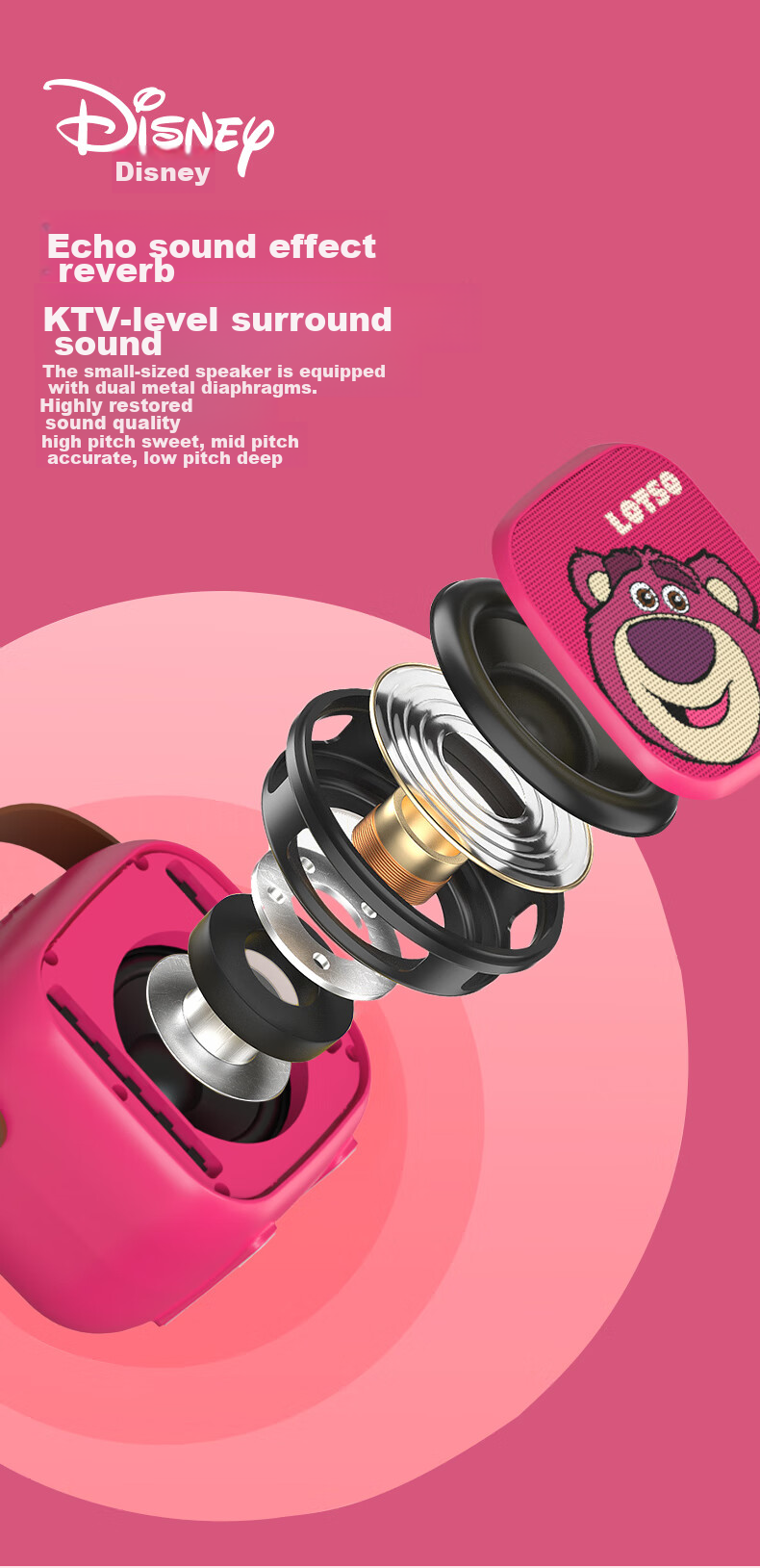 Disney Children's Microphone Karaoke All-In Machine, Mid-Autumn Festival Gift, Wireless Bluetooth Speaker, Xiaodu Smart Voice Assistant, for Students Singing, Boys And Girls Birthday Gift, MK18 Strawberry Bear 7