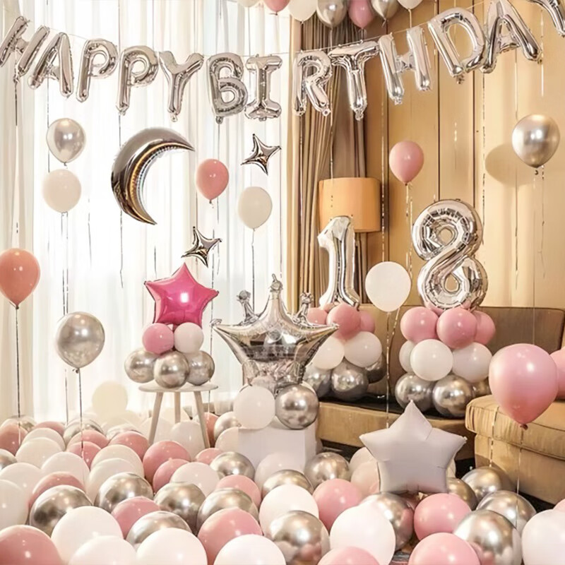 Domeyi Birthday Scene Party Decoration Balloons Adult Children Girls Happy Birthday Background Wall Silver White Pink