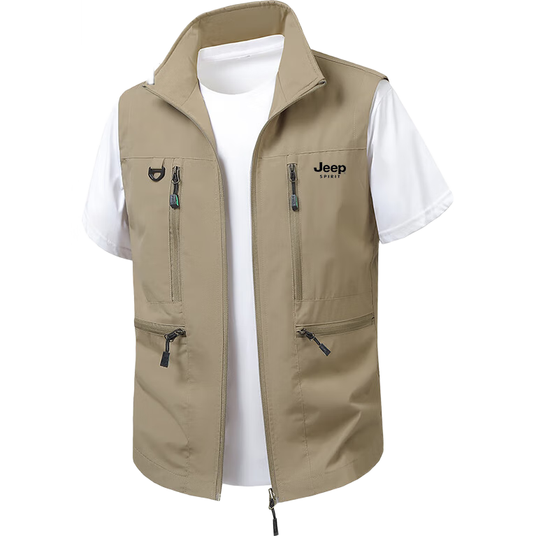 JEEP SPIRIT Men's Autumn Winter Fleece-Lined Large Size Casual Stand Collar Sleeveless Outdoor Fishing Vest Khaki XL