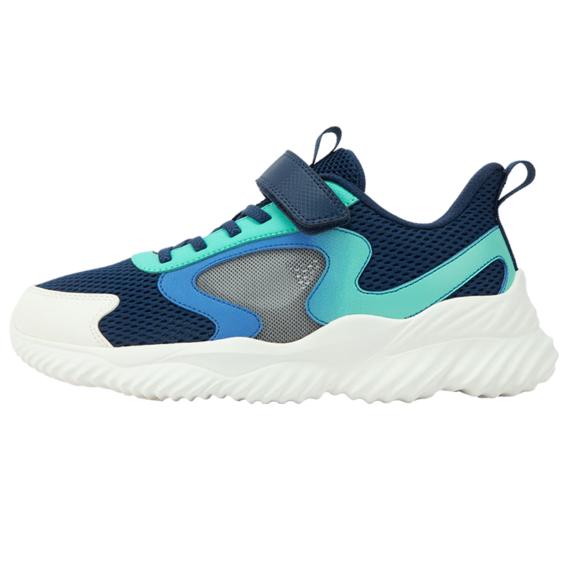XTEP Children's Shoes for Boys, Big Kids' Leather And Mesh Patchwork Velcro Running Shoes, Night Blue/aurora Green, Size 36