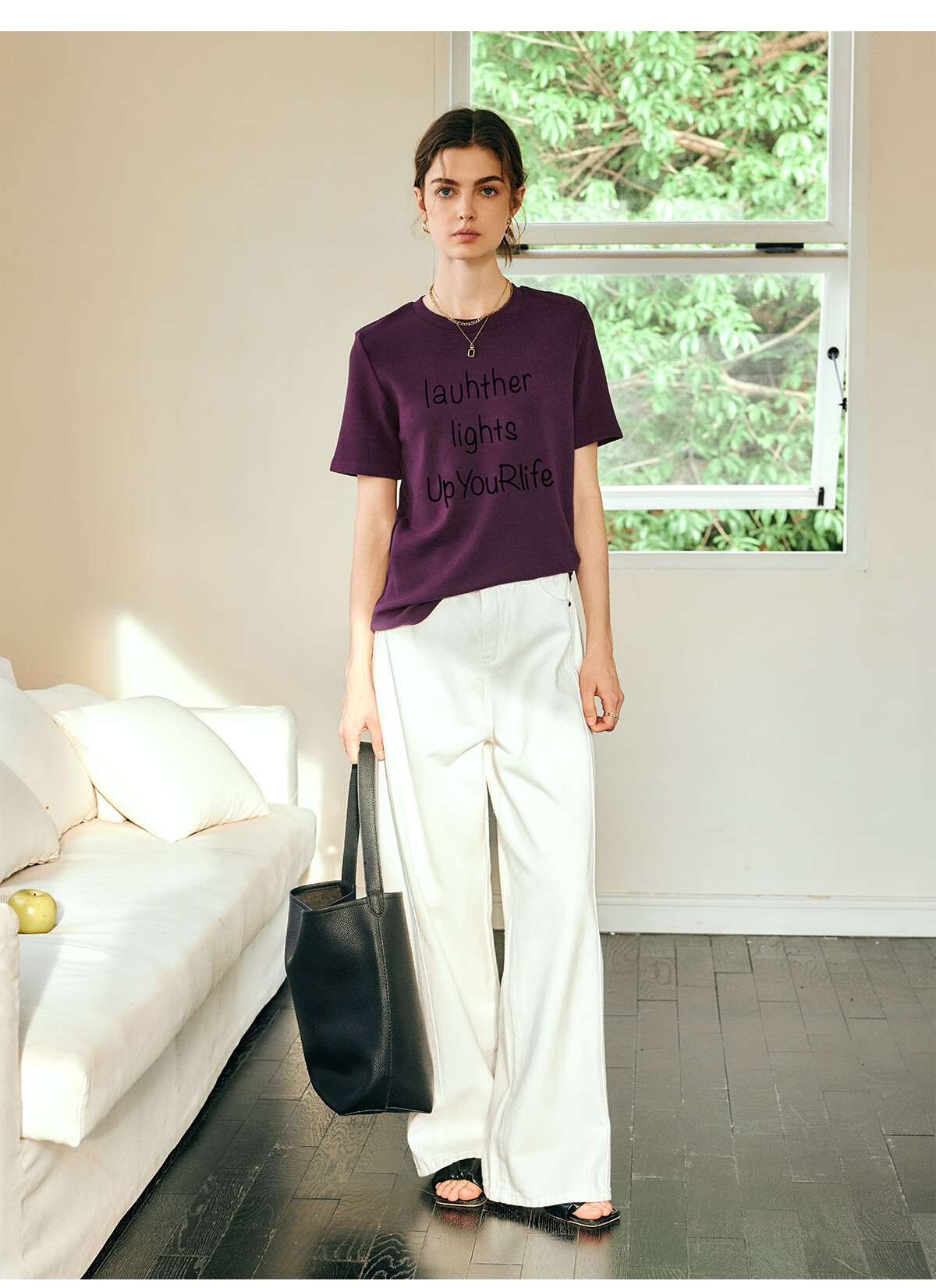 Oulain Letter Print Short-Sleeve T-Shirt, Women's Versatile Loose Casual Round Neck Top, Purple, S 21