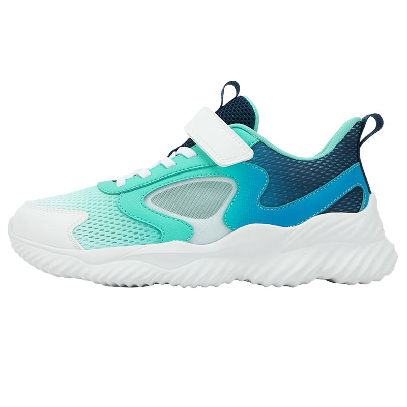 XTEP Children's Shoes, Boys' Big Kids Leather And Mesh Patchwork Velcro Running Shoes, Aurora Green/Prussian Blue, Size 40